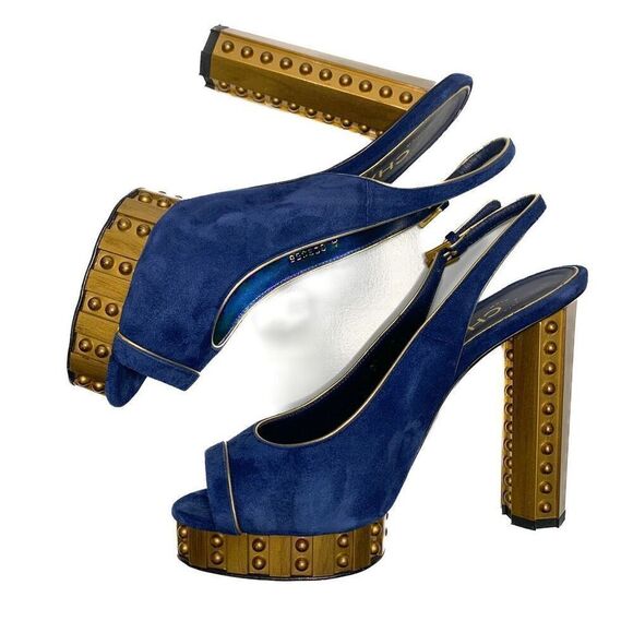 Chanel Blue Suede Gold Studded Interlocking C Slingback Heels EU 37 US 6-6.5 - Picture 7 of 12
